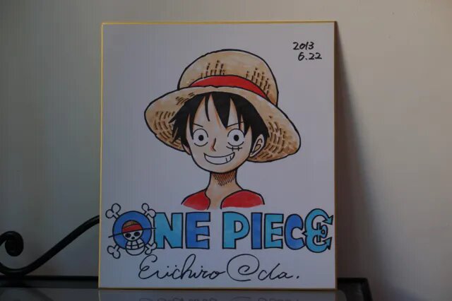 Educational counterfeit reference image (Shikishi-One-Piece-Rufy-disegnato-a-mano-su). — educational counterfeit (FAKE) shikishi reference associated with Eiichiro ODA