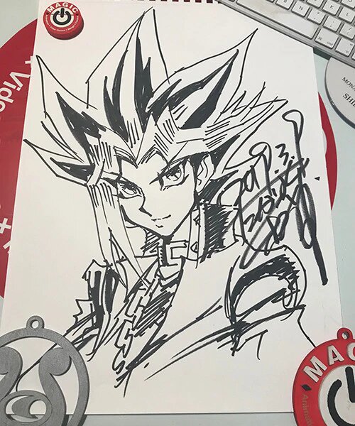 Educational authentic reference image (magic_2019_kazuki_takahashi_live_draw_yugi_artwork_close-up). — educational authentic (REAL) shikishi reference associated with Kazuki Takahashi