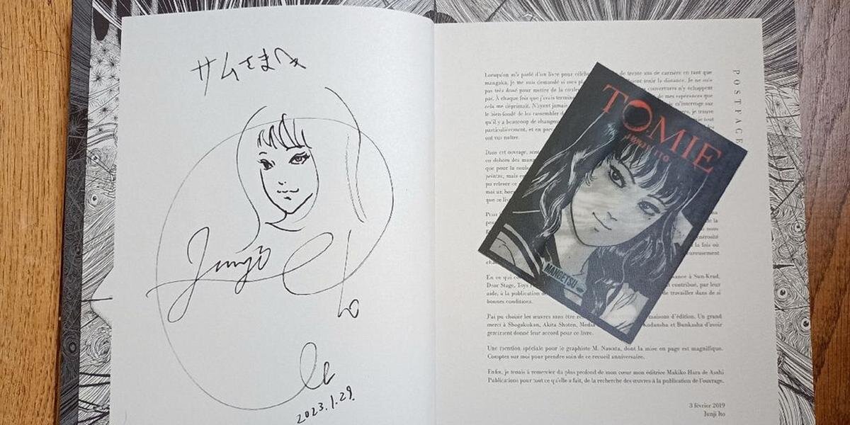 Educational authentic reference image (dedicace-450-euros-junki-ito-mangaka). — educational authentic (REAL) shikishi reference associated with Junji ITO