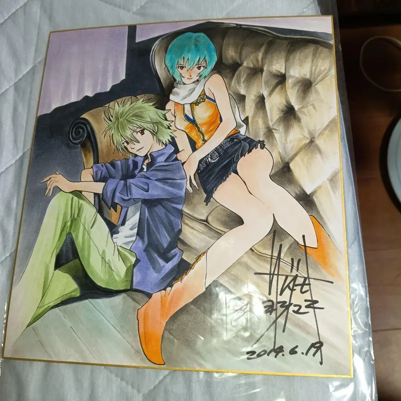 Educational counterfeit shikishi reference from MERCARI listing — associated with Yoshiyuki Sadamoto. Non-commercial authenticity study. — educational counterfeit (FAKE) shikishi reference associated with Yoshiyuki Sadamoto